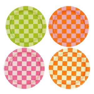 하이엔조인 48PCS 체크무늬 캠핑 접시, 핑크 그린 디저트 케이크 접시 일회용 파티 용품 약혼 결혼 기념 여름 장식용 식기류