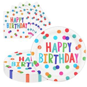 HFBOBP 9인치 생일 축하 접시 및 냅킨, 50PCS 컬러풀 도트 디너 일회용 종이 케이크 디너웨어 파티 용품 장식 세트
