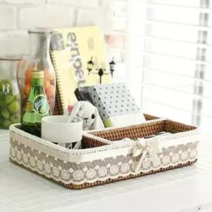 (상품선택 ONE)사각 라탄 바구니 작은 소품 수납 정리함 세칸 박스