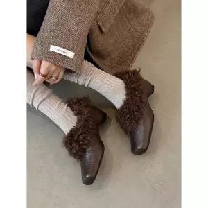 면 구두 빈티지한 버전 소가죽 작은 기모 통굽 신발에 퍼 단화 보온 플랫 메리제인 여자신발 원템5