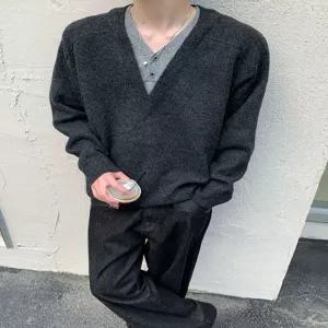 니트 가을 페이크 투피스 남자브이넥니트 차콜 V넥 코트 ible3
