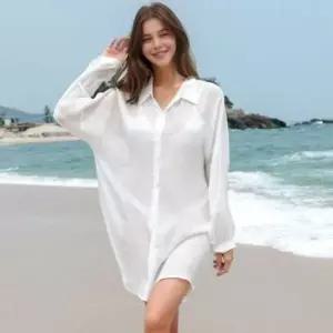 비치웨어 커버업 여름 긴팔 셔츠 시스루 여성 롱셔츠