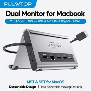 PULWTOP 맥북 호환 도킹 스테이션 듀얼 모니터 4K60Hz 2개의 HDMI PD 이더넷 USB-A/C 10Gbps 프로/에어 M3/
