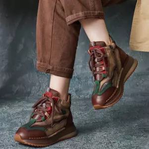 여성용 캐주얼 가을 스트랩 슈즈 배색 키높이 플랫워커 하이탑 라운드 기모 소가죽 원픽3