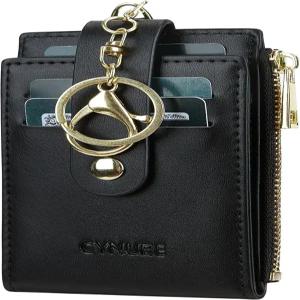 시누어 여성 가죽 RFID 차단 카드 홀더 슬림 소형 지퍼 열쇠고리 앞주머니 지갑 2개의 ID 창