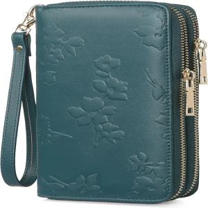 이제이 여성 지갑 RFID 차단 대용량 가죽 더블 지퍼 손목렛 카드 홀더 여행용 클러치