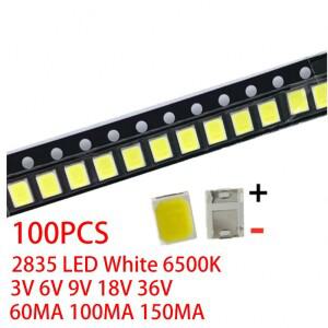 SMD 2835 LED 백색 6000-6500K 0.2W 1W 고휘도 3V 6V 9V 18V 30MA 100MA 100PCs/로트