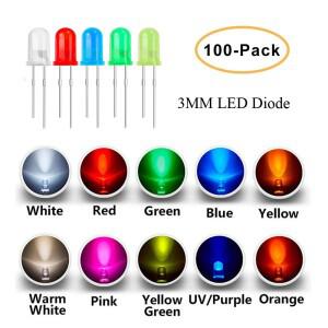 LED 다이오드 모듬 키트 화이트 그린 레드 블루 옐로우 오렌지 핑크 퍼플 웜 DIY 발광 3mm 로트 당 100개