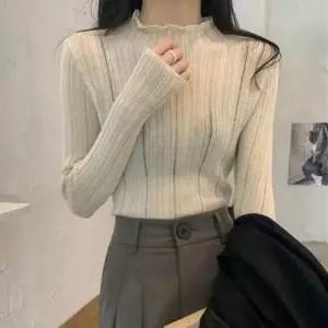 [옷은날개] 시스루 세미 물결 터틀넥 골지니트 슬림핏 데일리룩