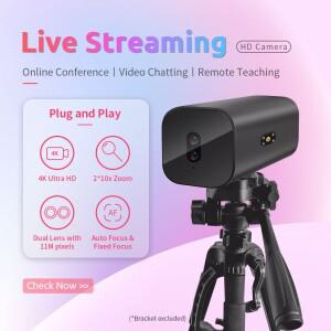 듀얼 4K 렌즈 10x 줌(마이크 포함) 화상 회의용 USB 웹캠 온라인 교육 보드캐스트 디지털 카메라 PC 노트북