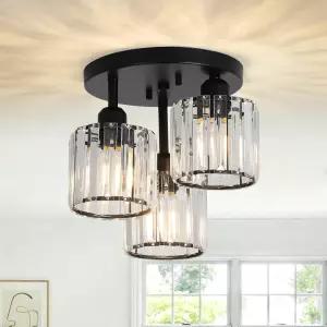 PAUFUL 크리스탈 세미 플러시 마운트 천장 조명 가까운 3-라이트 모던 투명 그늘이 있는 블랙 주방 복도