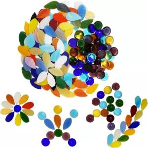 혼합 색상 꽃잎 모자이크 타일 - 공예용 둥근 평평한 유리 보석이 있는 물방울 염색 조각