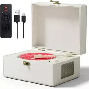 스피커 포함 Yintiny 충전식 가죽 CD 플레이어 블루투스 송신기 페스티벌 선물 홈 데코용 BGM 흰색