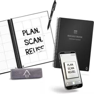로켓북 스마트 재사용 가능한 일상 플래너 주간 월간 연간 일정 실행 크기 6x8.8 블랙