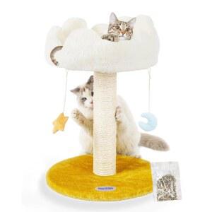 해피 N 펫스 클라우드 캣 트리, 침대가 있는 고양이 스크래치 포스트, 고양이를 위한 작은 구름 모양의 부드러운 농어와 귀여운 장난감이 제거 가능한 커버, 보너스 캣닙