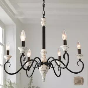 피넬라 농가 프렌치 컨트리 샹들리에 6 라이트 디스트레스 화이트 우드 모던 블랙 캔들 스타일 다이닝 룸