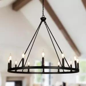 Psyverii 12-라이트 캔들 스타일 블랙 왜건 휠 샹들리에 레트로 농가 컨트리 산업용 대형 원형 펜던트