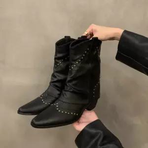 샤오원샵 여자 데님 가보시 버전 웨스턴 슬림 부츠 앵클 워커힐 소가죽 키작녀 브라운워커 단화 봄가을 꾹3