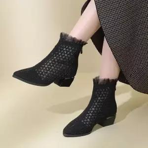 샤오원샵 여성용 여름 펀칭 세무 부츠 구두 에어힐 스크럽 워커힐 봄가을 워커 키작녀 미들굽 꾹3