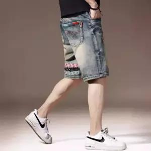 샤오원샵 바지 남자 청 캐주얼 빈티지 자수 일자 헤비 키작남 청반바지 반바지 에스닉 프리미엄 워싱 5부 꾹1