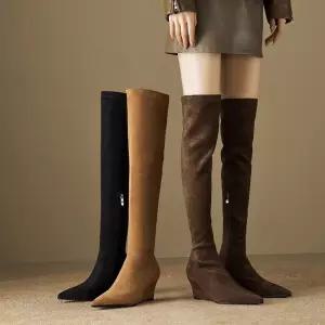샤오원샵 여성 키작녀 롱부츠 키높이 스틸레토 웨지힐 스판 스웨이드 슬림 부츠 꾹5