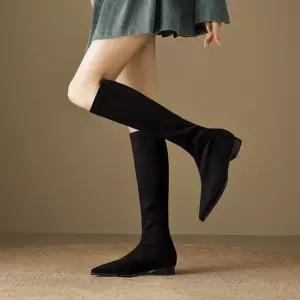 샤오원샵 여성용 블랙 통굽 굽이 낮은 스틸레토 키작녀 세무 무릎까지오는 롱부츠 부츠 스판 꾹5