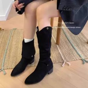 샤오원샵 롱 갈색 여사친 미들 스웨이드더미 롱부츠 V라인 키작녀 슬림 통굽 부츠 라이더 꾹3