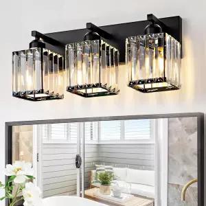 엑시알린 블랙 욕실 베니티 라이트 3개 크리스탈 벽 조명기구 모던 오버 미러 전구 제외