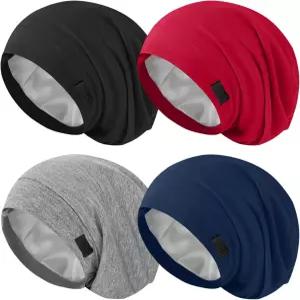 여성 남성용 ZHENSILK 4PCS 실크 새틴 보닛 곱슬머리용 조절 가능한 헤어 랩 슬루시 비니 모자