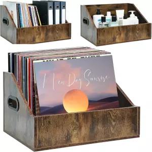 3팩 우드 비닐 레코드 보관함 레트로 빈티지 스타일 w 핸들 총 200개 이상의 LP 앨범 잡지 책 홈 오피스