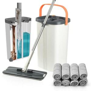 젤리마크 플랫 걸레와 양동이, 링거 세트 포함, 더럽고 깨끗한 물 분리, 3-챔버 걸레 습식 및 건식 사용, 손으로 바닥 청소용 짜기, 재사용 가능한 극세사 패드 8개 포함