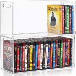 크로블리스풀 2개 아크릴 DVD 보관함 투명 적층 홀더 랙 컷아웃 운반 손잡이 포함 극장용 미디어 CDS 영화