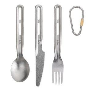 TiTo 티타늄 3피스 식기 세트, 초경량 포터블 포크 스푼 및 나이프 식기, 야외 캠핑 하이킹 배낭 여행용 피크닉 플랫웨어(티타늄 카라비너 포함) (실버)