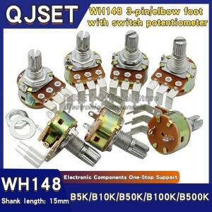 5pcs 스위치가있는 3 핀 곡선 전위차계 WH148 B500K B10K 5K 옴 조광기 스위치 생크 길이 15mm