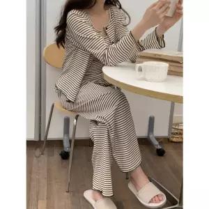 픽호샵 팬츠 롱 니트 커플 잠옷세트 잠옷 봄가을 파자마 스트라이프 아우터 끈 나시 패드 실내복 세트 꾹1