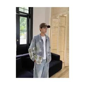 슬램덩크 남성 청자켓 빈티지 체크 데님 코트 캐주얼 재킷 HO1