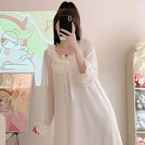 원피스 망사 빈티지 MN 긴팔 롱스커트 가슴 잠옷 홈웨어 수면 봄가을 잠옷세트 공주스타일 커플 패드 OOTD3