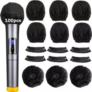 SUNPRO 100pcs 일회용 마이크 커버 고탄성 밴드가 있는 위생 부직포 윈드스크린 노래방용 음향 투명 팝