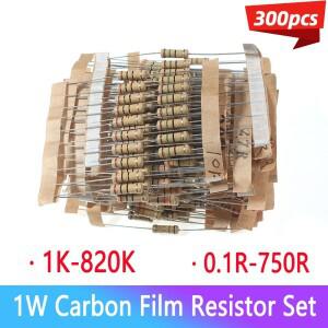 300 개몫 1W 탄소 필름 저항기 세트 1K-820K & 0.1R-750R 옴 5% 컬러 링 DIY 전자 부품 키트