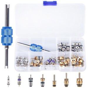AC 밸브 코어 키트 R12 R134a 자동차 에어컨 냉동 타이어 스템, 더블 헤드 듀얼 해체 제거 도구 모음 40Pcs