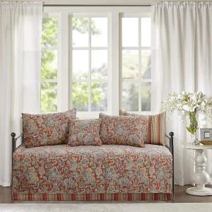 코지 라인 6피스 데이베드 세트 - 코퍼 오렌지 빈티지 플로럴 페이즐리 스트라이프 프린트 리버서블 면