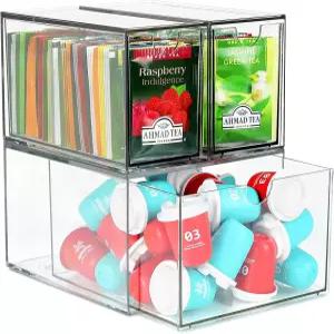 3 티 앤 커피 정리함 및 보관함 아크릴 티백 홀더 캐비닛용 플라스틱 K컵 서랍 용기
