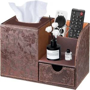 야피시 사각 티슈 박스 커버 수납 서랍 포함 PU 가죽 페이셜 큐브 홀더 모던 메이크업 리모컨 욕실 세면대