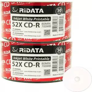 100팩 리다타 CD-R 52X 700MB 80분 화이트 잉크젯 허브 인쇄 가능 빈 미디어 녹화 디스크