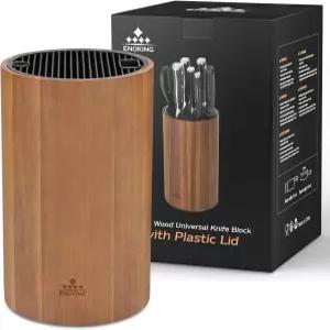 플라스틱 뚜껑이 있는 범용 칼 블록 홀더 가위용 없는 아카시아 나무 둥근 보관 정리함 디스플레이