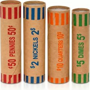 Oungy 512 PCS 프리폼 코인 포장지 모듬 롤 체인지 모든 종이 튜브 쿼터 페니 니켈 다임스