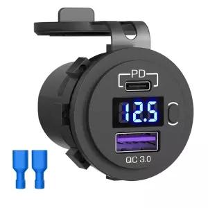 USB C 차량용 충전기 소켓 12V/24V 듀얼 PD3.0 및 QC3.0 어댑터 포트 LED 전압계 켜기/끄기 스위치 포함