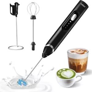 RAFOW 휴대용 전기 우유 거품기 스탠드가 있는 충전식 3단 속도 및 분리형 더블 음료 믹서 라떼용 카푸치노