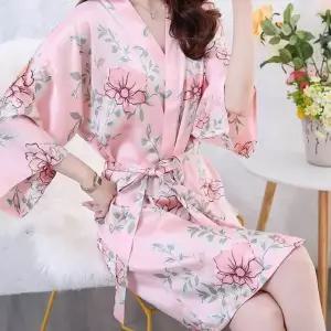 로브 홈웨어 소프트한 꽃무늬 허리끈 가운 편안한 날 실크 선물 특별한 우아하고