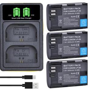 2650mAh LP-E6 LP E6 LP-E6-E6N 배터리 팩 + Canon EOS 5DS R Mark II 6D 7D 80D R5 XC10 용 LED 듀얼 충전